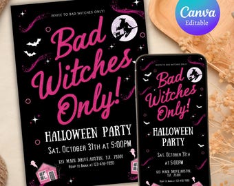 Uitnodiging voor feest alleen Halloween Bad Witches, bewerkbare uitnodiging voor Halloween-feest, uitnodiging Halloween Girls Out-feestje, canvassjabloon