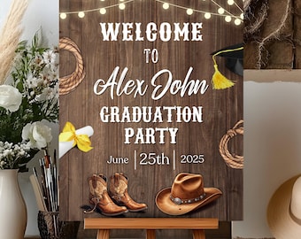Western Hoedown Graduation Party Sign, Saddle Up And Put Your Boots On Welcome Sign Printable Cowboy Graduation Sign Editable Canva Template