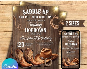 Western Hoedown Birthday Invitation Cowboy Birthday Party Invitation,Saddle Up and Put Your Boots On,Boots and Dukes Western Birthday Invite