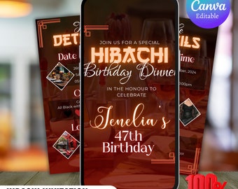 Invitación a una cena de cumpleaños con tema hibachi, invitación digital para una fiesta con tema hibachi, fiesta en un restaurante japonés, plantillas editables de Canva, descarga digital
