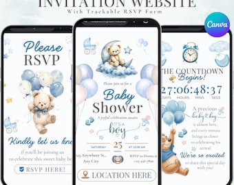 Baby Shower Invite for Boy or Girl, Baby Shower Boy Invite with Trackable RSVP, Blue Boho Teddy Bear Baby Shower Invitation, Digital Website