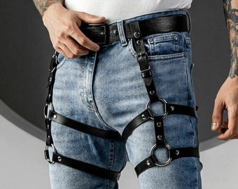 Leg harness men, Harness belt for men, Adjustable Leg suspender, Pants suspender harness with clips, leather thigh suspenders for trousers