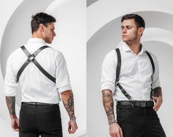 Leather Suspenders for Trousers, Leather Suspender Harness For Men, Adjustable Harness, Black & Red Shoulder Harness, Plus Size Harness Man