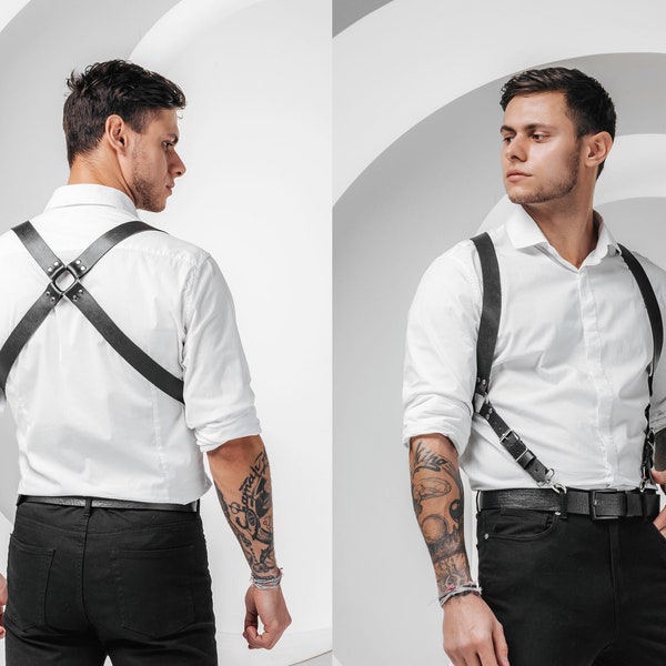 Leather Suspenders for Trousers, Leather Suspender Harness For Men, Adjustable Harness, Black & Red Shoulder Harness, Plus Size Harness Man