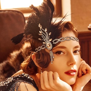 Beaded Rhinestone Tassel Feather Headpiece – 1920s Gatsby Inspired Headband | Feather Headband for Flapper Costume, Weddings, Party