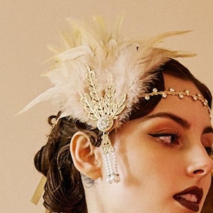 Feather Gatsby Headband – 1920s Vintage Crystal and Pearl Hair Accessory | Elegant Flapper Style Headband with Detachable Clip