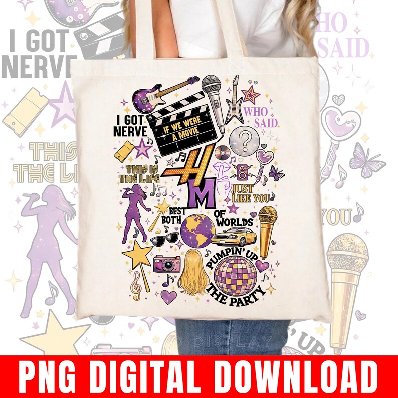 Pode incluir: Bolsa tote creme com um design gr&aacute;fico colorido com instrumentos musicais, uma claquete de filme e o texto "If We Were a Movie". O design inclui o texto "I Got Nerve" e "Pumpin' Up The Party".