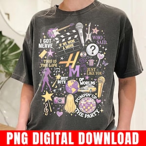 Pode incluir: T-shirt cinzenta escura com um design gr&aacute;fico colorido. O design inclui instrumentos musicais, uma claquete de cinema, uma bola de discoteca e os textos "I GOT NERVE", "IF WE WERE A MOVIE", "THIS IS THE LIFE", "BEST BOTH OF WORLDS" e "PUMPIN' UP THE PARTY".
