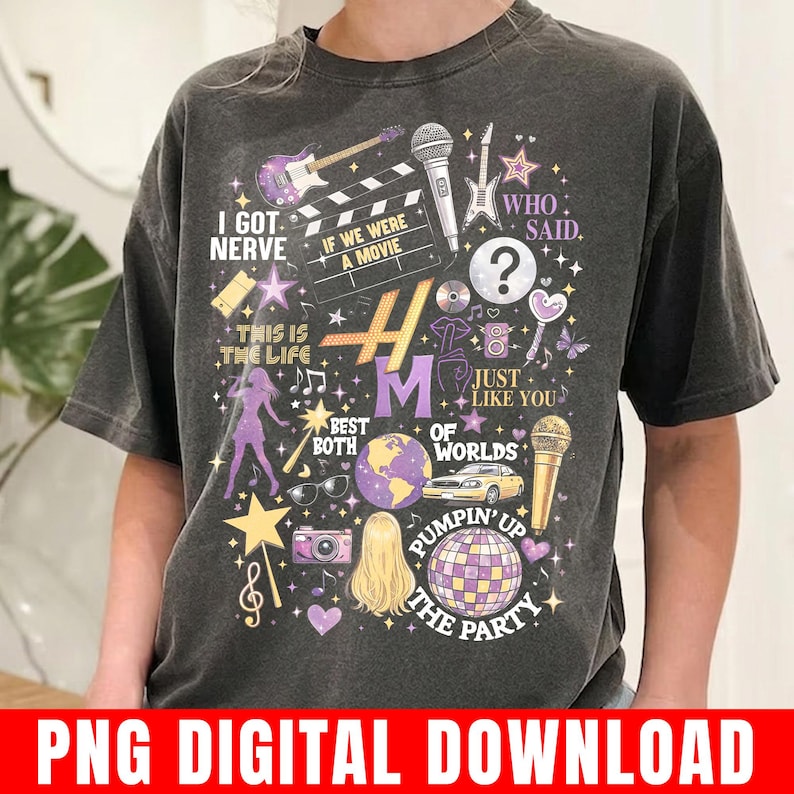 Pode incluir: T-shirt cinzenta escura com um design gr&aacute;fico colorido. O design inclui instrumentos musicais, uma claquete de cinema, uma bola de discoteca e os textos "I GOT NERVE", "IF WE WERE A MOVIE", "THIS IS THE LIFE", "BEST BOTH OF WORLDS" e "PUMPIN' UP THE PARTY".