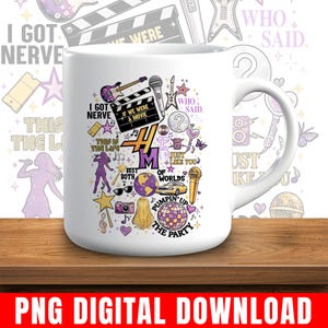 Pode incluir: Caneca de cer&acirc;mica branca com um design envolvente com gr&aacute;ficos tem&aacute;ticos de m&uacute;sica e filmes em roxo, dourado e preto. Inclui texto como "I Got Nerve", "If We Were a Movie" e "Pumpin' Up the Party."