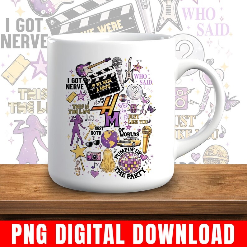 Pode incluir: Caneca de cer&acirc;mica branca com um design envolvente com gr&aacute;ficos tem&aacute;ticos de m&uacute;sica e filmes em roxo, dourado e preto. Inclui texto como "I Got Nerve", "If We Were a Movie" e "Pumpin' Up the Party."