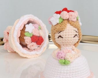 Buquê de flores reversível 2 em 1 e boneca amigurumi de noiva, padrão de crochê, presente de Dia dos Namorados, arquivo digital, presente para ela 21625YP50