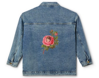Jolie veste en jean pour femmes, fille et boutons de roses roses