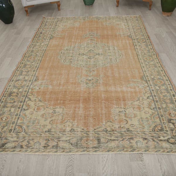 5.7 x 8.8 Feet, Nomadic Minimalist Rug, Natural Old Rug, Anatolian Oushak Rug, Neutral Unique Local Orange - Gray Rug, Vintage Looks Rug