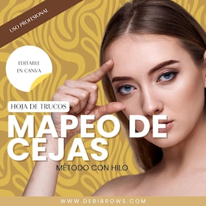 May include: A graphic design template for a brow mapping tutorial. The template features a woman with a finger pointing to her forehead, with the text "MAPEO DE CEJAS" in large, bold letters. The text "MÉTODO CON HILO" is below the main text. The background is a yellow and brown swirl pattern.