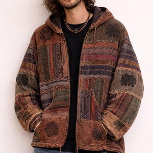 Jaqueta Boho Patchwork de Fleece, Casaco de Inverno de Algodão Feito à Mão, Casaco Aconchegante Marrom Café, Jaqueta Hippie Streetwear, Presente para Ela