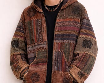 Boho Patchwork Fleece Jacket, Handmade Cotton Winter Coat, Coffee Brown Cozy Outerwear, Hippie Streetwear Jacket, Gift for Her