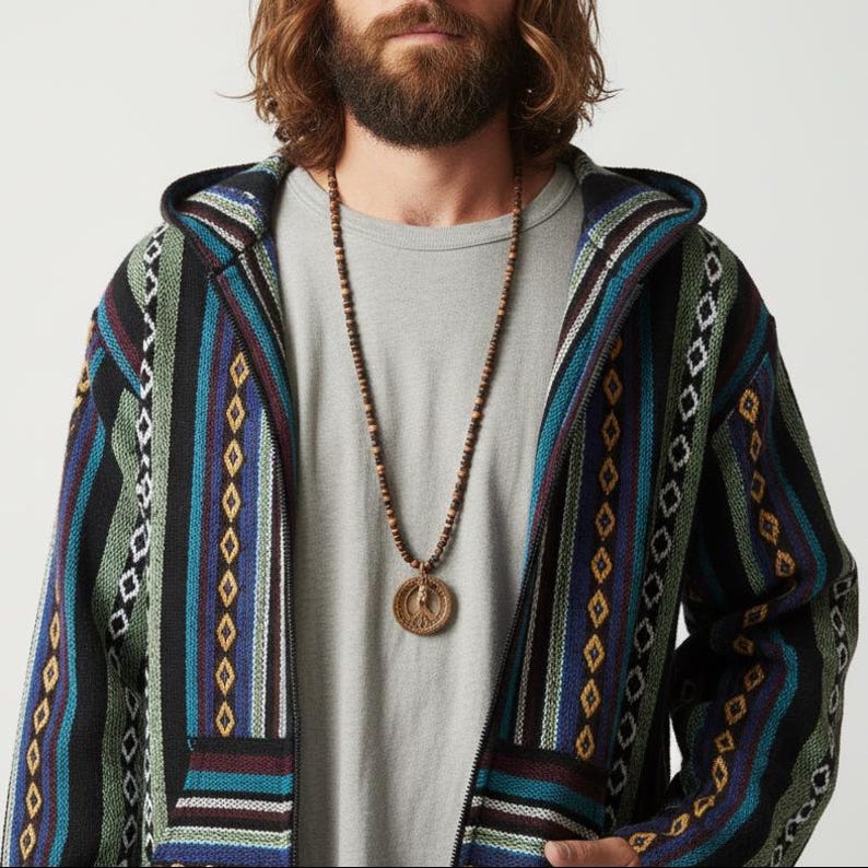 May include: A hooded jacket with a colorful striped pattern in shades of blue, green, black, and maroon. The jacket has a zipper closure and a wooden beaded necklace with a circular pendant. The person is wearing a gray t-shirt.