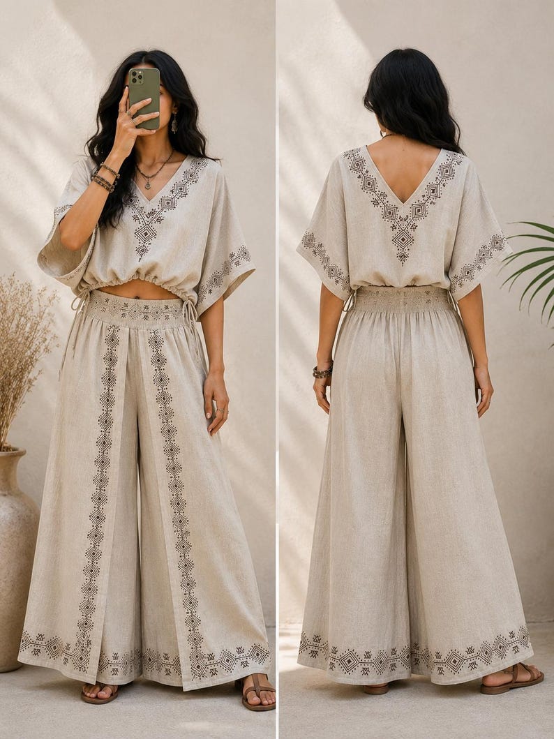 May include: A two-piece beige linen outfit featuring a V-neck top with short sleeves and wide-leg pants. The top and pants are adorned with intricate dark brown geometric embroidery. The outfit is designed with a relaxed fit, perfect for warm weather.