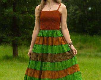 Katoenen maxirok patchwork, boho stonewash groene rok, lange rok hippiefestival, vloeiende rok elastische taille, cadeau voor haar