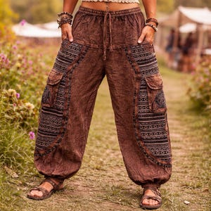 Boho Hippie Harembyxor, Stonewashed Bomull Baggy Byxor, Unisex Festival Yogabyxor, Boho Loungekläder, Handgjord Gåva till henne och honom