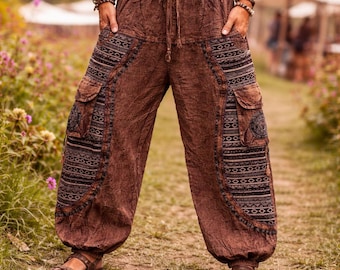 Boho Hippie Harem Pants, Stonewashed Cotton Baggy Trousers, Unisex Festival Yoga Pants, Bohemian Lounge Wear, Handmade Gift for Her & Him