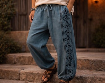 Boho Cotton Pants, Hand Block Print Harem Pants, Unisex Hippie Trousers, Elastic Waist Bohemian Pants, Festival Yoga Travel Wear