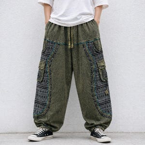 Handmade Patchwork Harem Pants, Boho Stonewash Cotton Trousers, Unisex Baggy Pants, Hippie Festival Clothing, Gift for Her