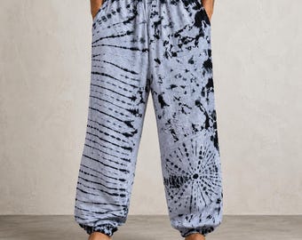 Tie Dye Harem Pants Unisex, Blue Festival Cotton Trousers, Psychedelic Boho Yoga Pants, Handmade Hippie Rave Clothing, Kasol Trance Pants