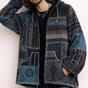 Handmade Himalayan Cotton Fleece Jacket – Boho Patchwork Hoodie, Cozy Winter Gift for Her