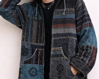 Handmade Himalayan Cotton Fleece Jacket – Boho Patchwork Hoodie, Cozy Winter Gift for Her