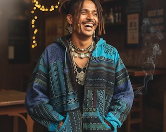 Chaqueta Pahadi hecha a mano con patchwork / Sudadera boho de algodón lavado a la piedra / Chaqueta unisex estilo hippie para festivales / Chaqueta con parches étnicos, abrigo boho de invierno