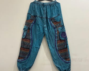 Patchwork Harem Pants – Stonewash Cotton Boho Hippie Trousers, Unisex Festival Yoga Pants, Gift for Her