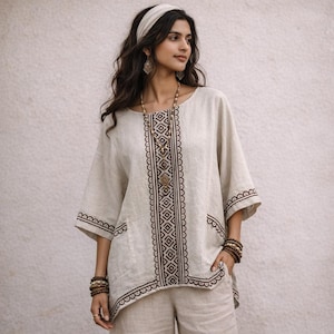 May include: A beige linen-blend tunic featuring a dark brown geometric embroidered pattern running vertically down the center and along the hem and sleeve edges. The garment has a round neckline, three-quarter length sleeves, and side pockets.