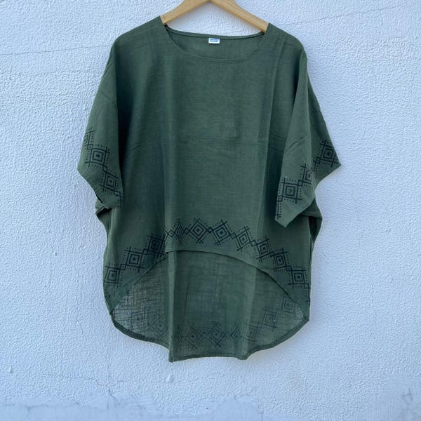 Boho Baumwoll Top, Hand Block Print Loose Fit Shirt, übergroße Unisex Tunika, Boho Sommer Top, Hippie Festival Kleidung Geschenke für Sie