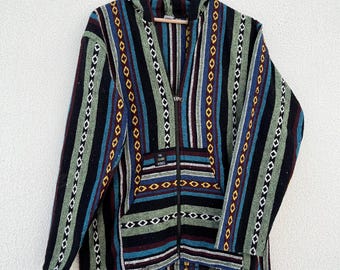 Handgemaakte jas van katoen en hennep, veelkleurige boho hoodie, patchwork jas met rits, unisex festivaljas, cadeau voor haar