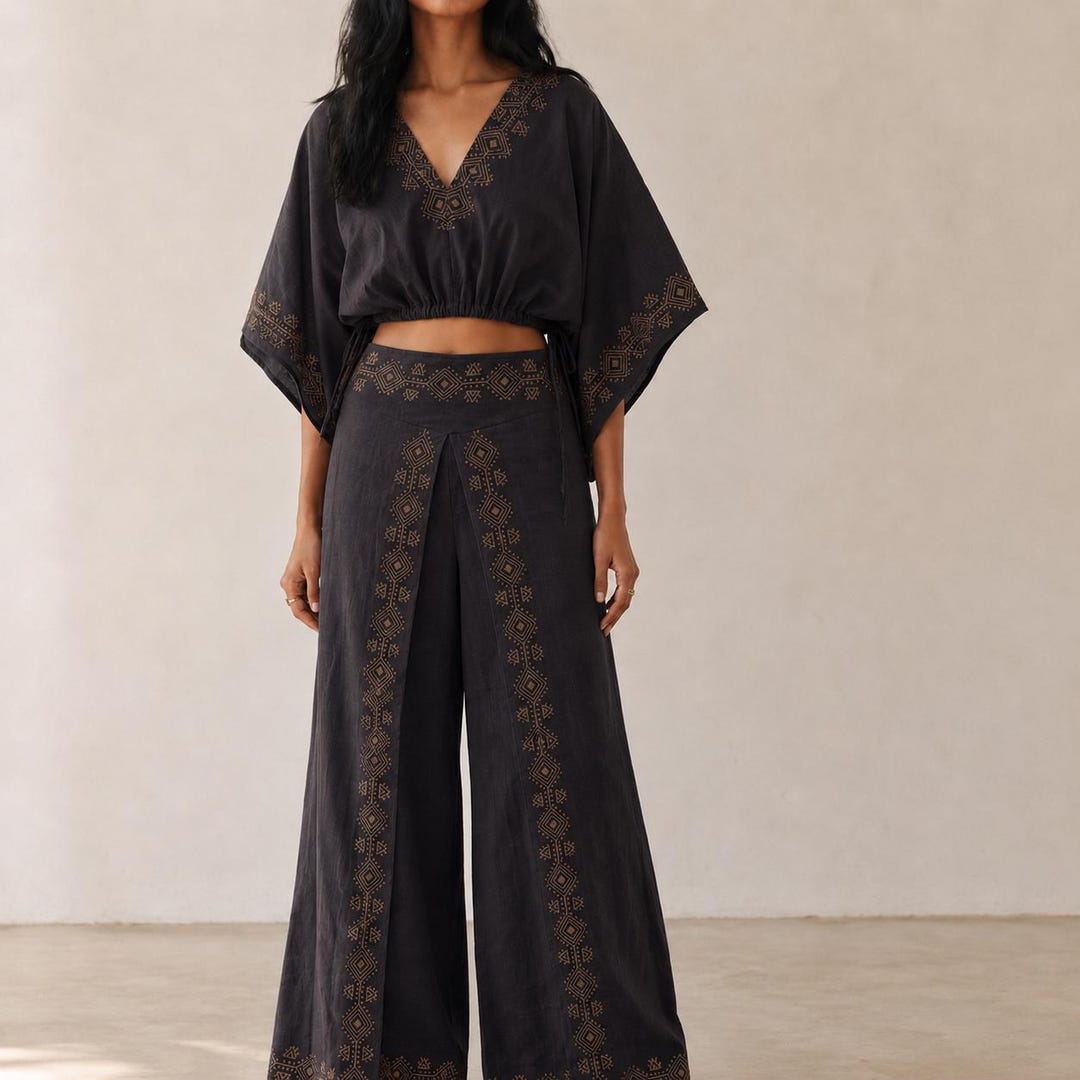 Boho Cotton Co Ord Set, Block Print Harem Pants Set, Flowy Festival Outfit, Open Thigh Yog