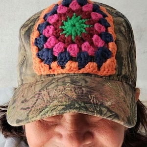 Crochet Granny Square on Camo, Upcycled Fashion
