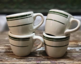 Retro Espresso Cups, Chunky, Off White, Green Stripe Set of 4