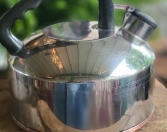 Vintage West Bend Copper Bottom Tea Kettle 2.5 Qt Stainless Steel Whistling Tea Kettle