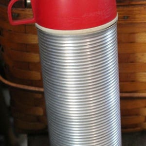 1950s American Thermos: Ribbed Metal Pint Bottle, Red Cup Lid