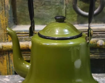 Vintage Green Enamel Teapot, Japan, Rustic Cottage Kitchen Decor, Vase