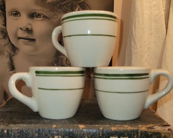 Vintage Restaurant Demitasse or Espresso Cup, Off White with Green Stripe, Restaurantware 3.5 0z