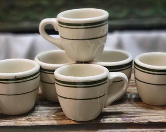 Retro Espresso Cups Set of 6, Green Stripe Diner Demitasse China, Cottagecore Table Setting