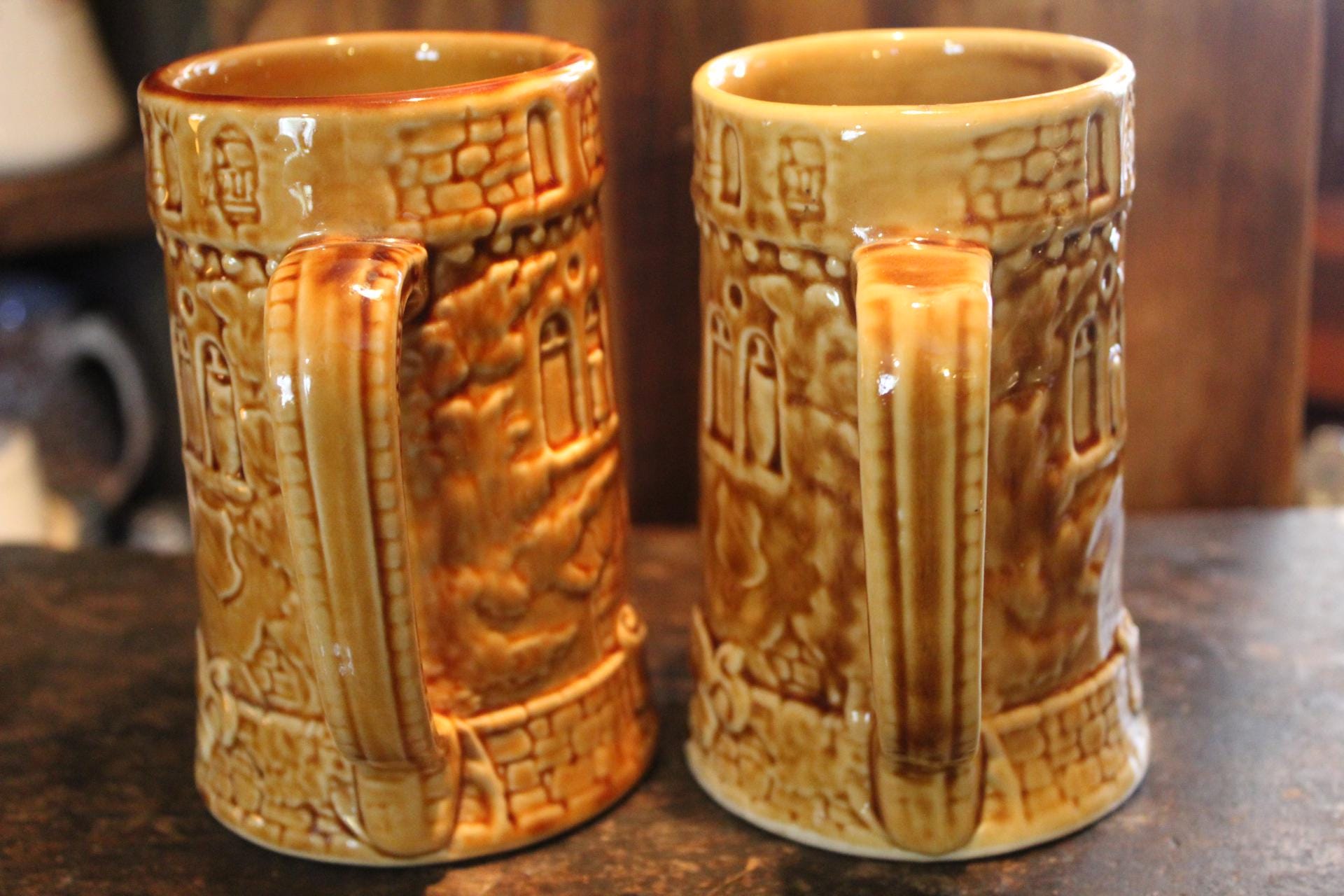 Vintage German Beer Stein Mugs: Caramel Glaze Barware, Set of 2. Shenango China
