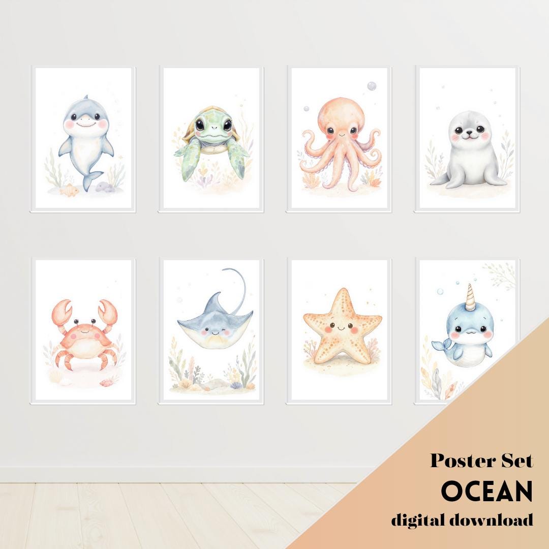 Ocean Nursery Wall Art Set of 6, Sea Animals Baby Room Decor, Boho ...