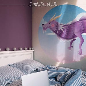 Magical dragon wall decal, Circle decal, Fantasy creature kids mural, Fairytale dragon removable decal, Dreamy kids room decoration 12