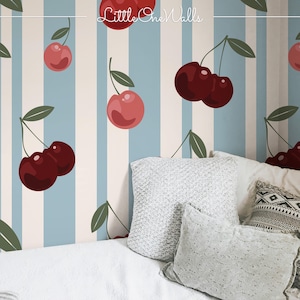 Custom Colors Cherry Stripes Wallpaper White & Blue Peel and Stick Wall Mural, Retro Stripes, Removable Wall Decor, Personalized  Stripes 65