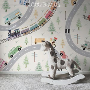 Transportation Wallpaper, Kids Road Map with Cars & Trains, Playful Nursery and Playroom Wall Mural Decor 62