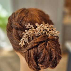 Gold Flower Hair Comb: Pearl Rhinestone Bridal Hair Accessory